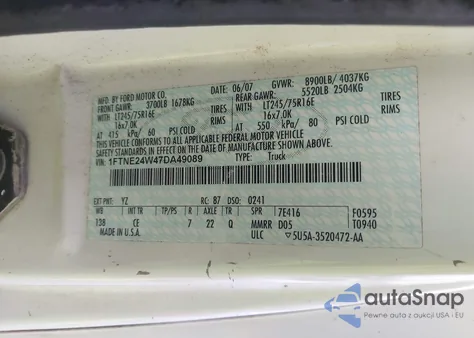 2007 Ford E-250 Commercial/Recreational z USA, uszkodzony, nr VIN 1FTNE24W47DA49089